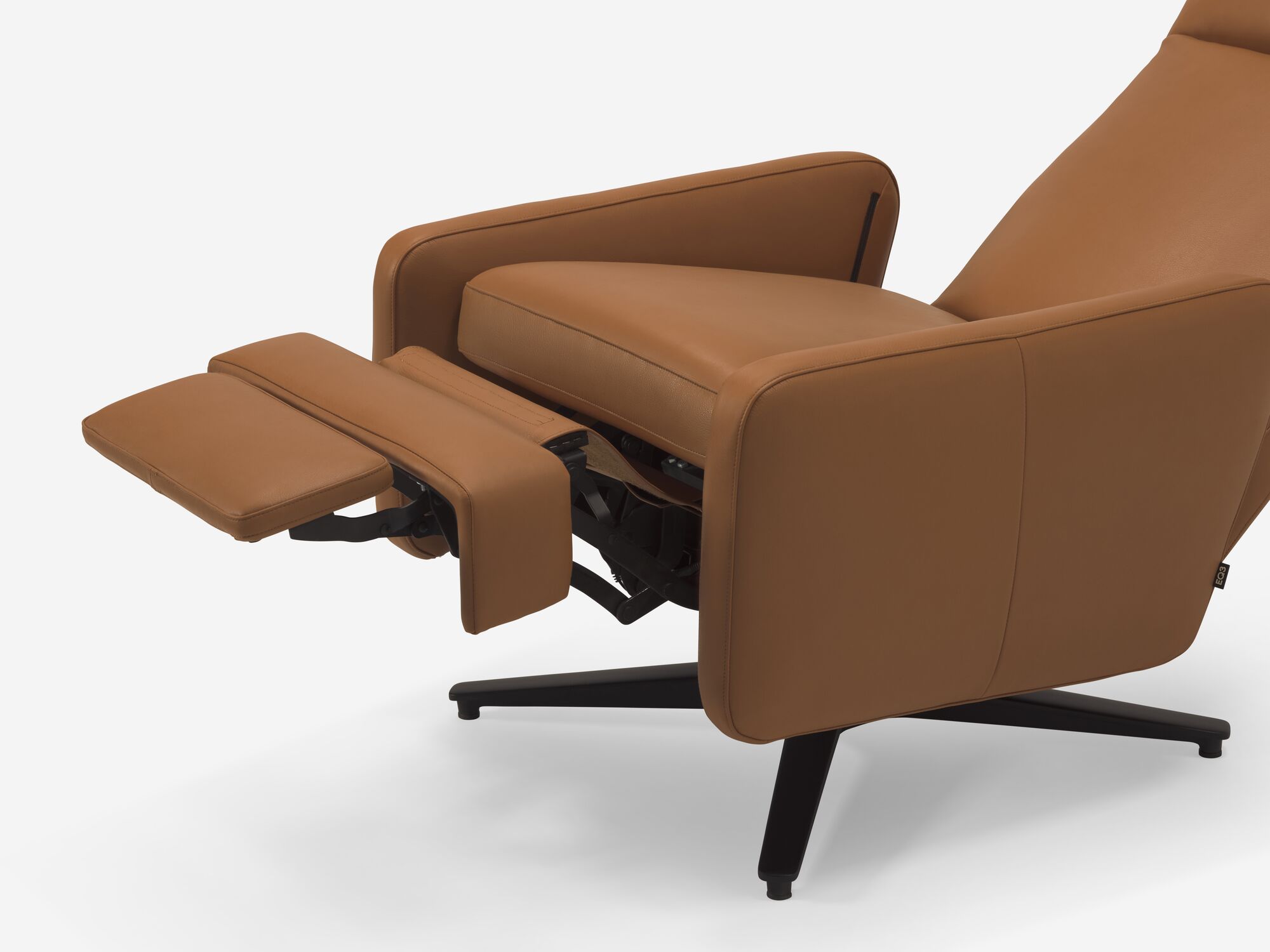 Brown leather reclining chair with seat reclined seat detail view